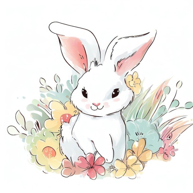 A drawing of a bunny in a field of flowers.