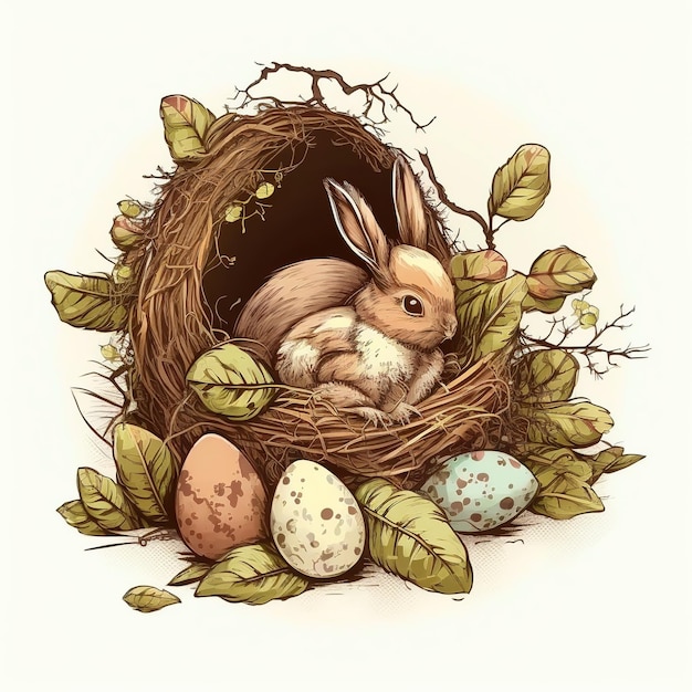 A drawing of a bunny in a nest with eggs and leaves.