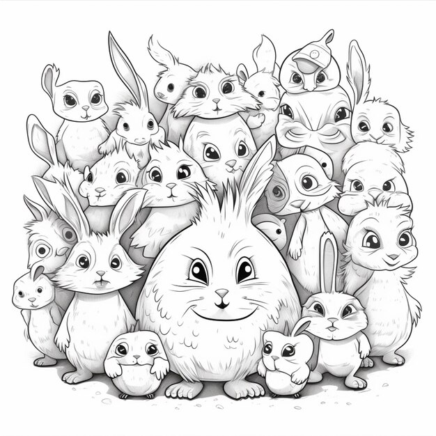 A drawing of a bunny surrounded by other rabbits