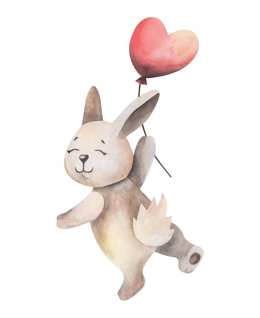 Drawing of a bunny with a ball in the form of a heart. A painted gray rabbit. A bunny in watercolor.