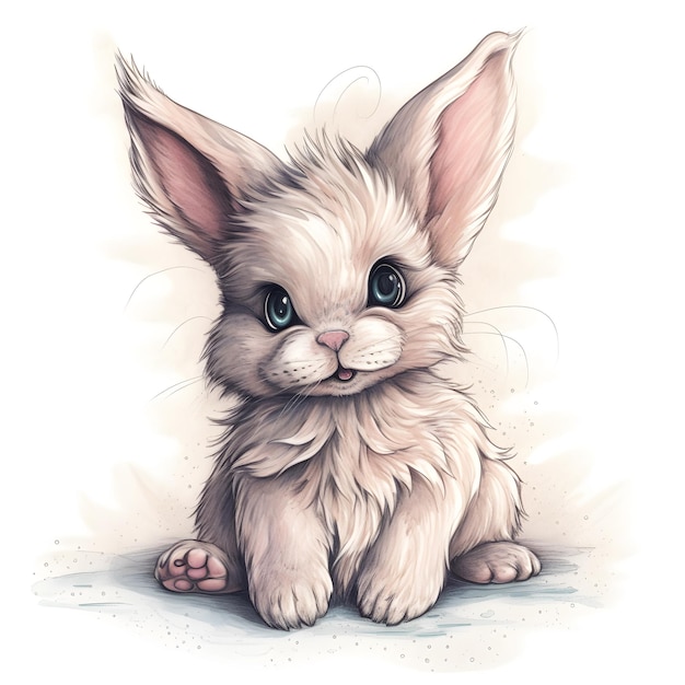 A drawing of a bunny with blue eyes.