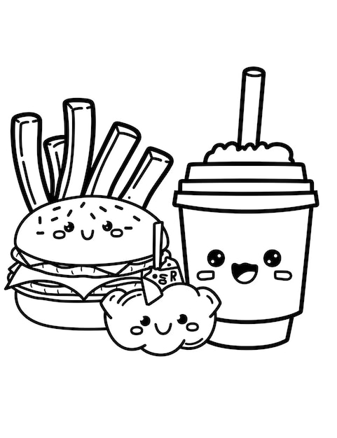 a drawing of a burger and a cup of coffee with a side of a cup of milk