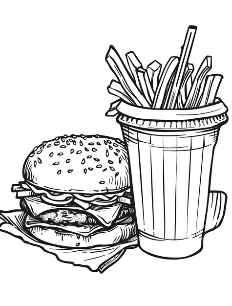 Photo a drawing of a burger and a cup of food with a straw in it