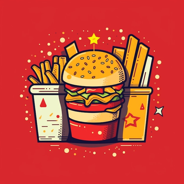 A drawing of a burger and fries