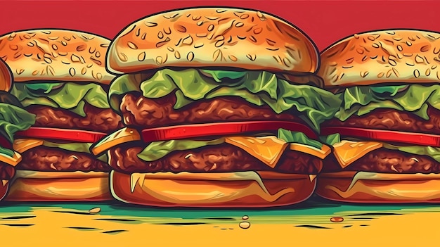 A drawing of a burger with a red background and a bunch of other burgers.