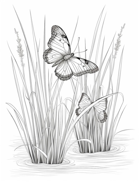 a drawing of a butterfly and a butterfly sitting on top of grass generative ai