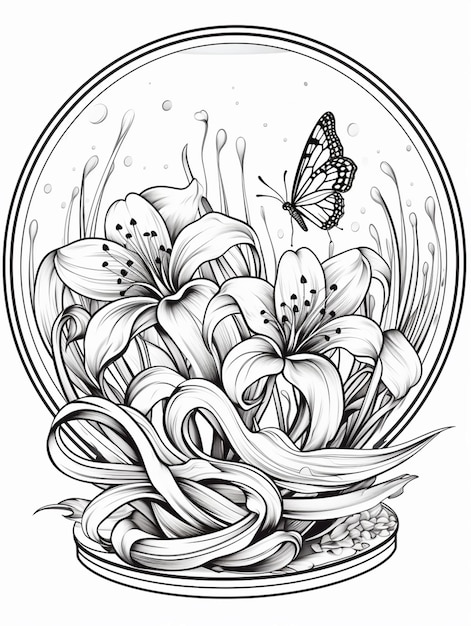 Photo a drawing of a butterfly and flowers in a glass bowl generative ai