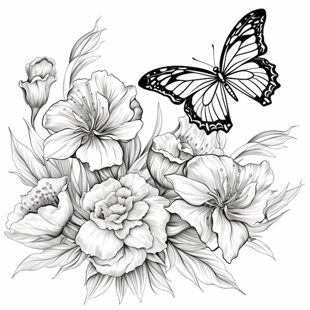 a drawing of a butterfly and flowers with a butterfly on it generative ai