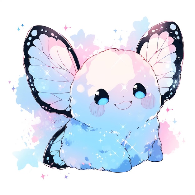 A drawing of a butterfly with blue eyes sits on a pink and blue background.