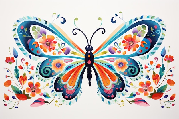 a drawing of a butterfly with colorful flowers on a beige background.