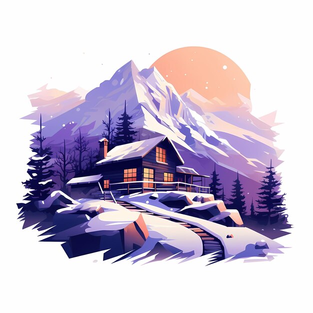 A drawing of a cabin with a mountain in the background.