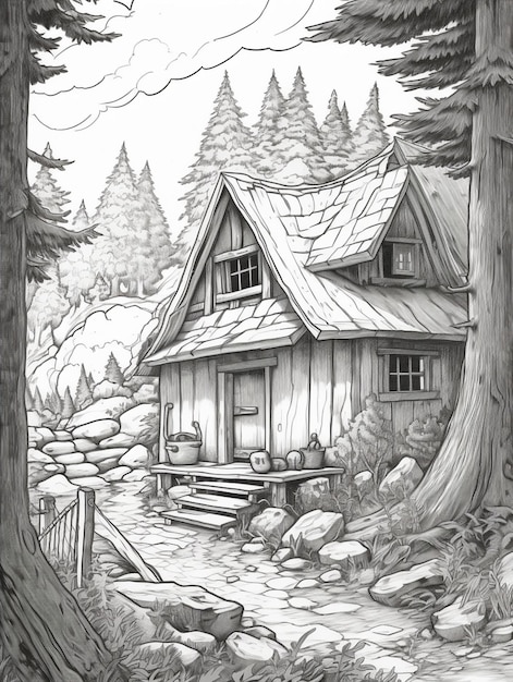 a drawing of a cabin in the woods with a picnic table generative ai