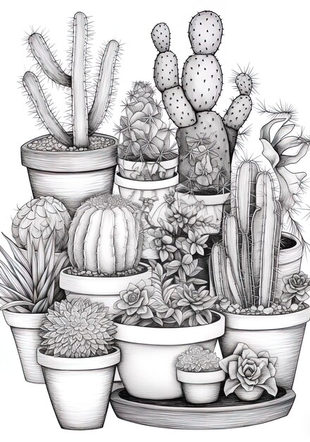 Photo a drawing of cactus, cactus, and cactus.