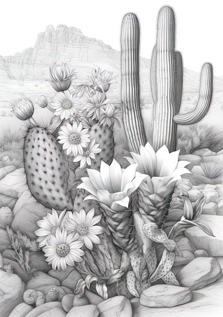 Photo a drawing of cactus and cactus with flowers.