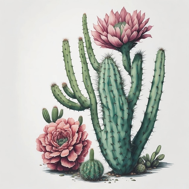 A drawing of a cactus with a pink flower on it.