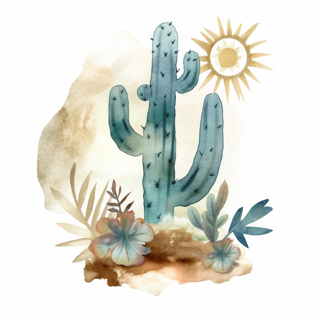 Foto un disegno di un cactus con un sole e un cactus blu sullo sfondo
