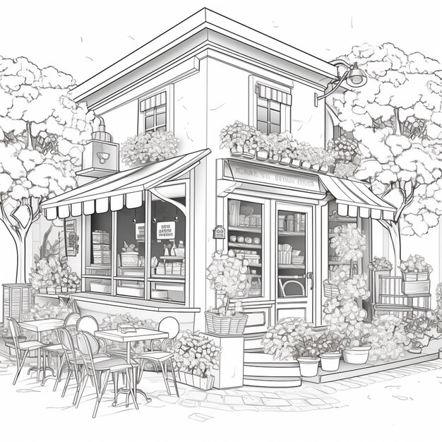 drawing of a cafe with a table and chairs outside generative ai