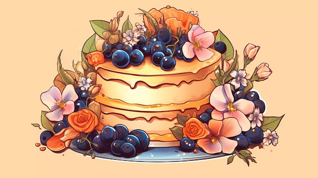 Foto un disegno di una torta con mirtilli e fiori.