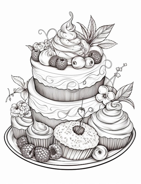 Foto un disegno di una torta con cupcakes e bacche in cima generativa ai