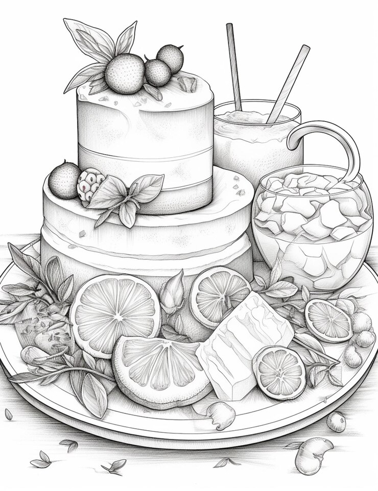 Photo drawing of a cake with fruit and a drink on a plate generative ai