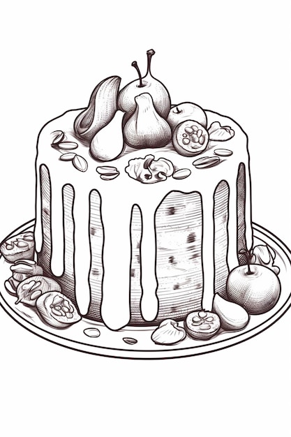 a drawing of a cake with fruit on top of it generative ai