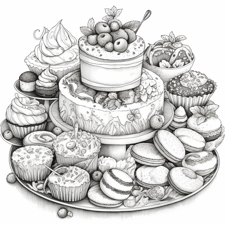 Photo a drawing of a cake with a lot of different pastries on it generative ai