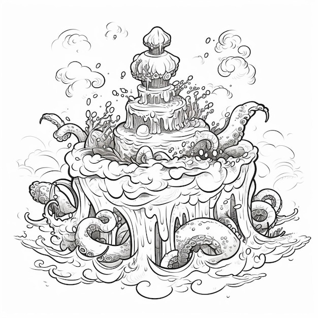 A drawing of a cake with octopus tentacles and a hat on top generative ai