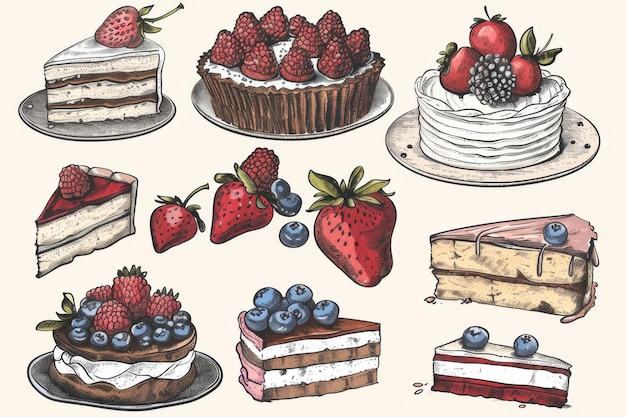 Фото Набор для рисования пирогов ручные десерты кексы эскизные сладости пекарни элементы дизайна пекарни