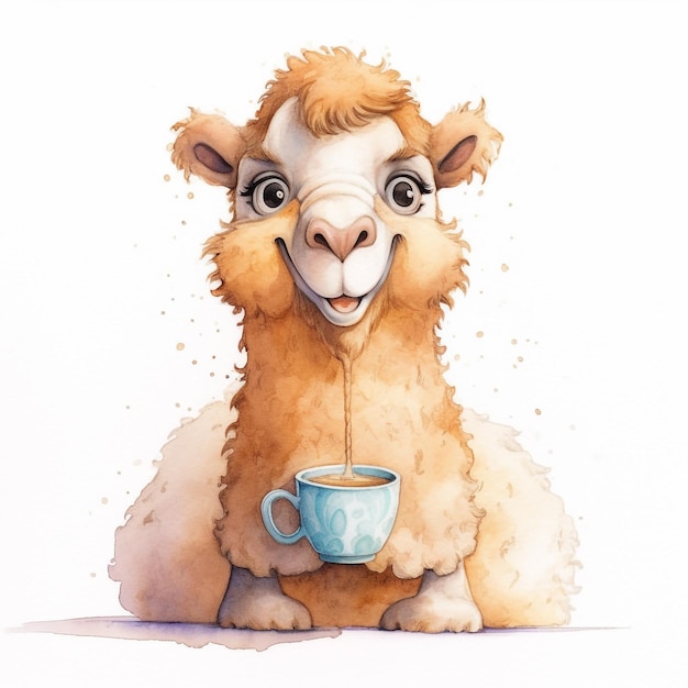 A drawing of a camel with a cup of coffee