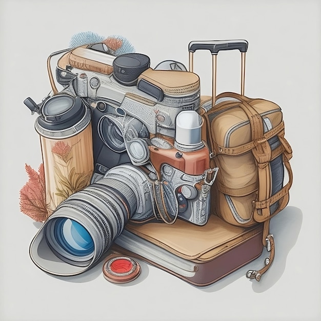 A drawing of a camera and a bag with a camera on it