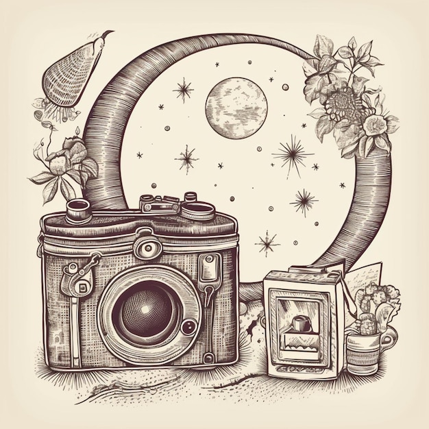 A drawing of a camera and a candle with a moon in the background generative ai