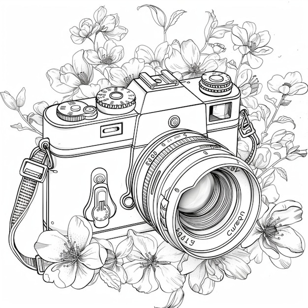 a drawing of a camera with flowers and a picture of flowers