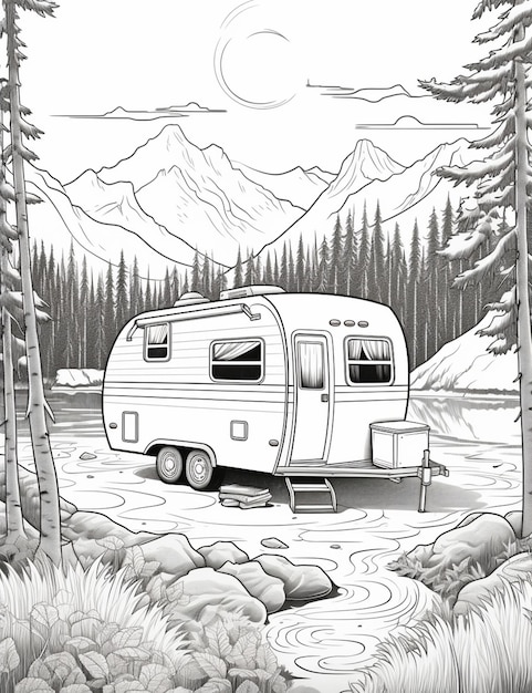 Photo a drawing of a camper trailer parked in a forest generative ai