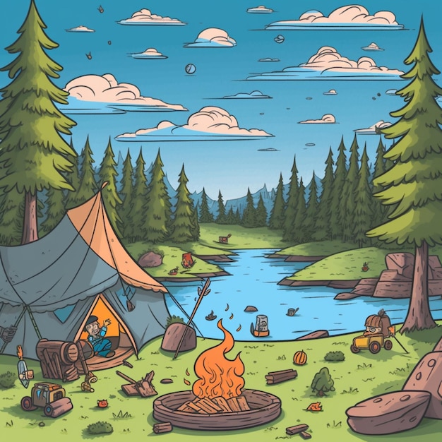 A drawing of a camping scene with a tent and a river.