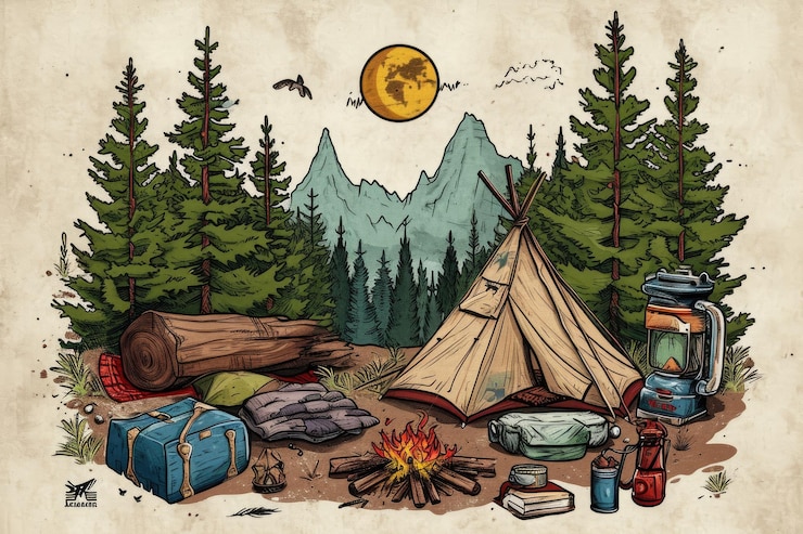 Photo a drawing of a campsite with a tent and a campfire a rustic design featuring camping gear and wilderness for an outdoor adventure podcast ai generated