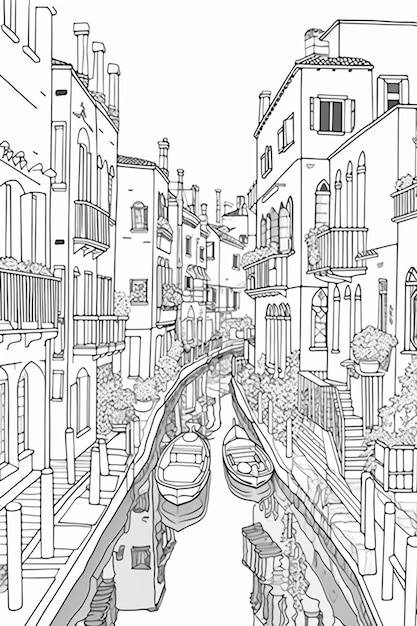A drawing of a canal with boats and buildings in the background generative ai