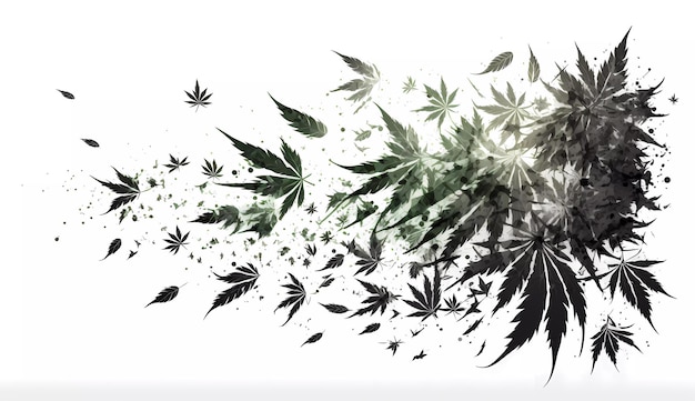 白い背景に大麻の葉と大麻という単語の絵。