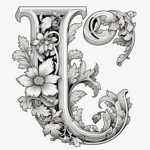 A drawing of a capital letter j with flowers and leaves generative ai