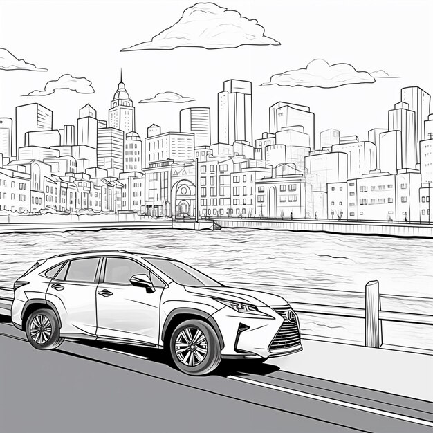 Photo a drawing of a car driving down a road near a river generative ai