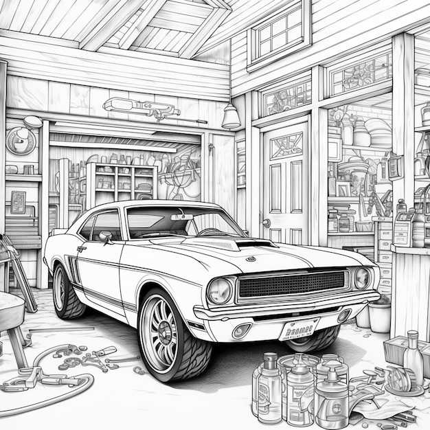 a drawing of a car in a garage with a lot of stuff generative ai