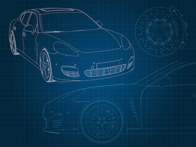 Photo drawing of a car and its parts on a blue millimeter substrate