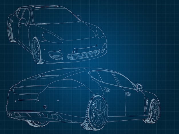 Drawing of a car and its parts on a blue millimeter substrate