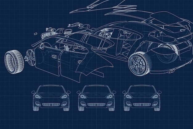 Photo drawing of a car and its parts on a blue millimeter substrate