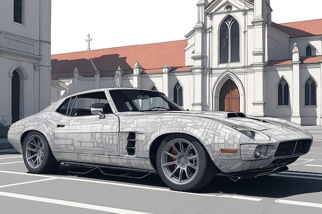 Photo a drawing of a car parked in front of a church generative ai