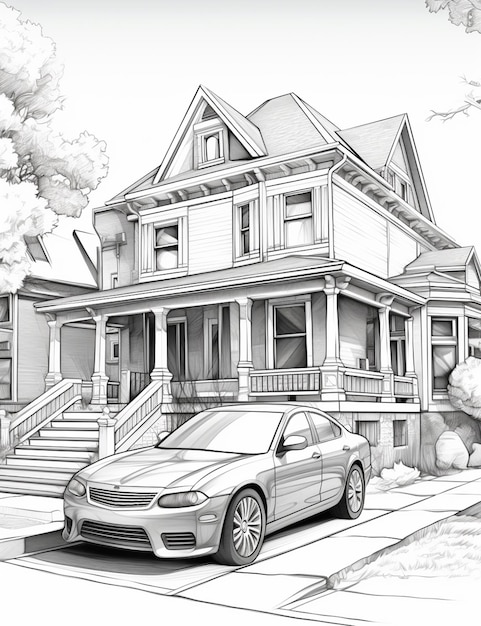 a drawing of a car parked in front of a house generative ai