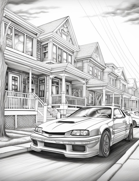 drawing of a car parked on the side of the road in front of a house generative ai