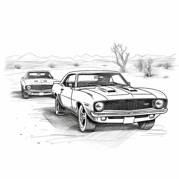 A drawing of a car and a truck in a desert generative ai