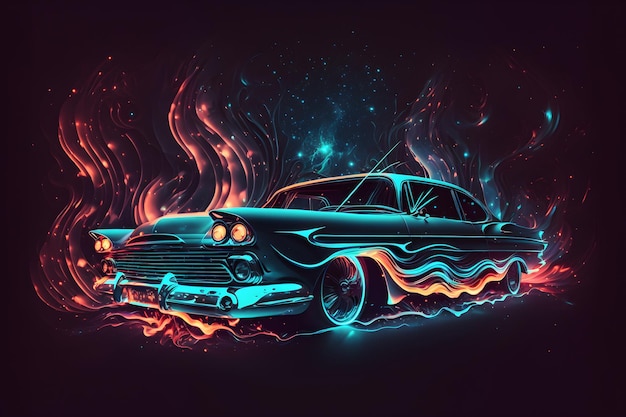 A drawing of a car with a flame effect on the front.