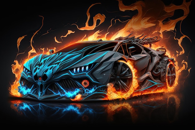 A drawing of a car with flames on it