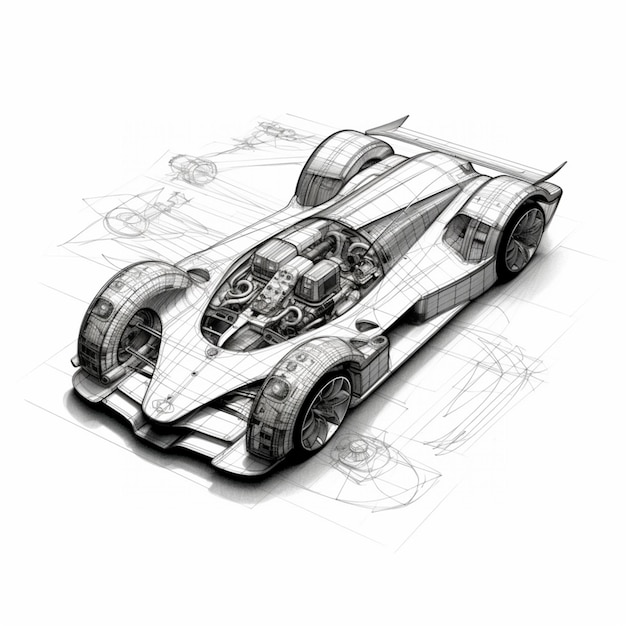 a drawing of a car with a large engine and a large engine generative ai